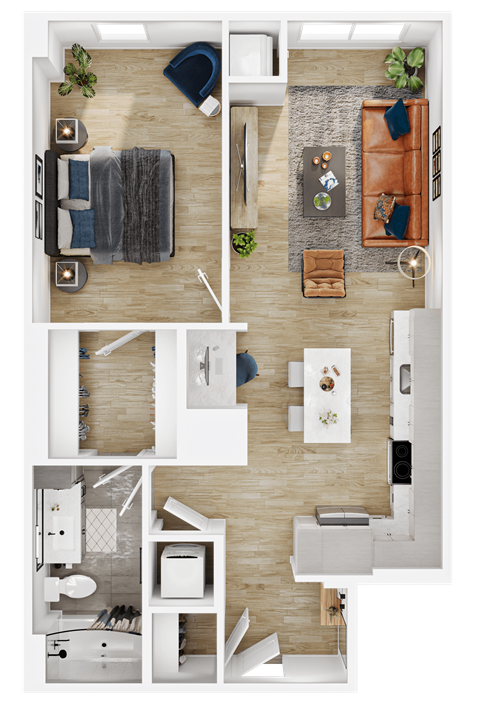 Floor plan for 1 bed, 1 bath, 665 sqft